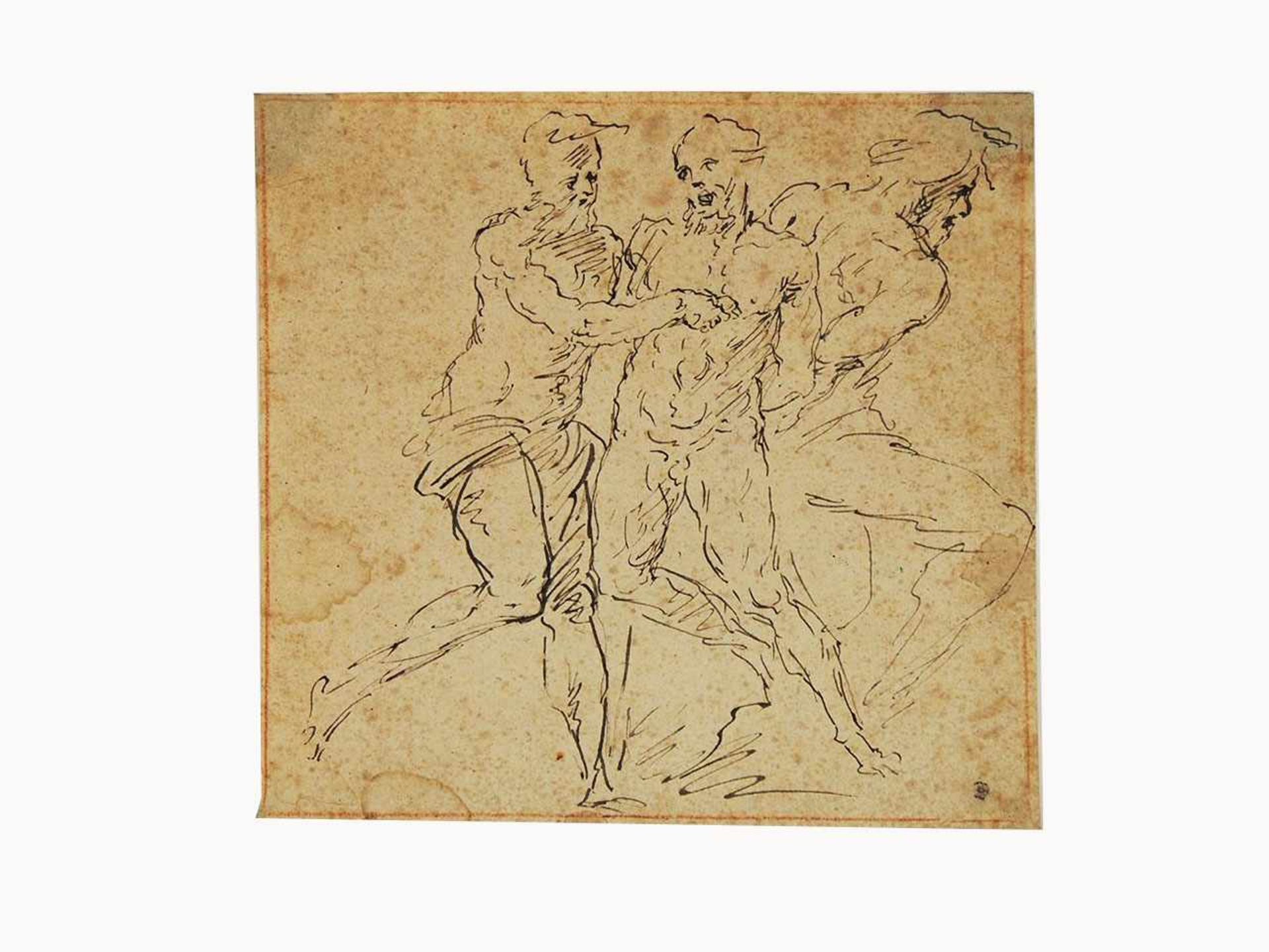 ITALIENISCHER MEISTERUM 1700Die Schindung des MarsyasFeder auf Papier (verso Figurenstudien in