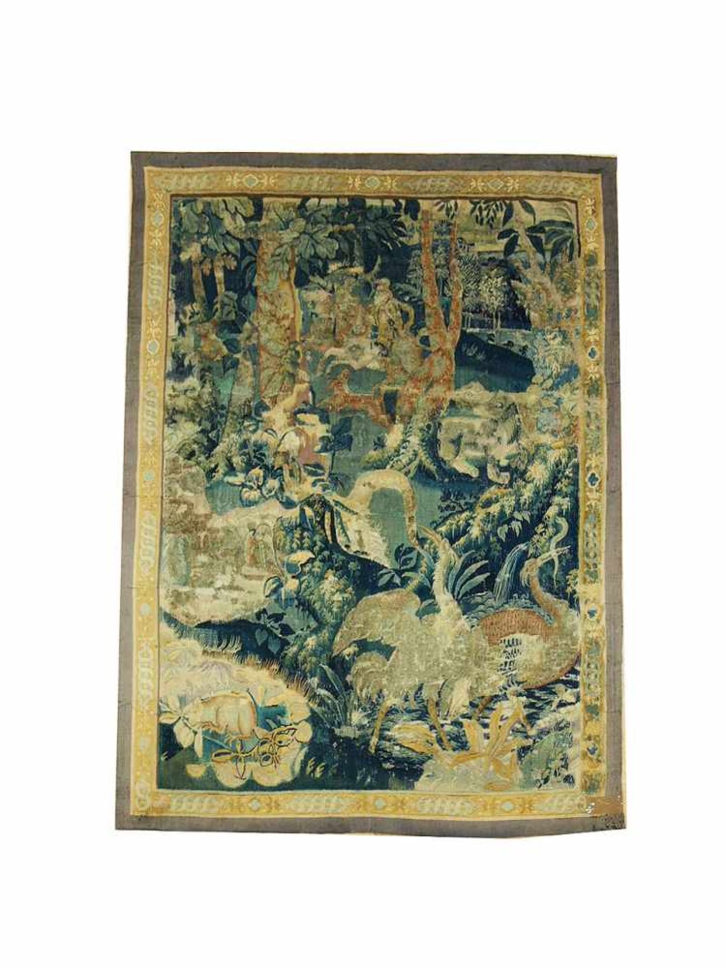 Tapisserie Wildgarten mit Jäger, Flämisch, um 1600, 203 x 150 cm, Zustand D