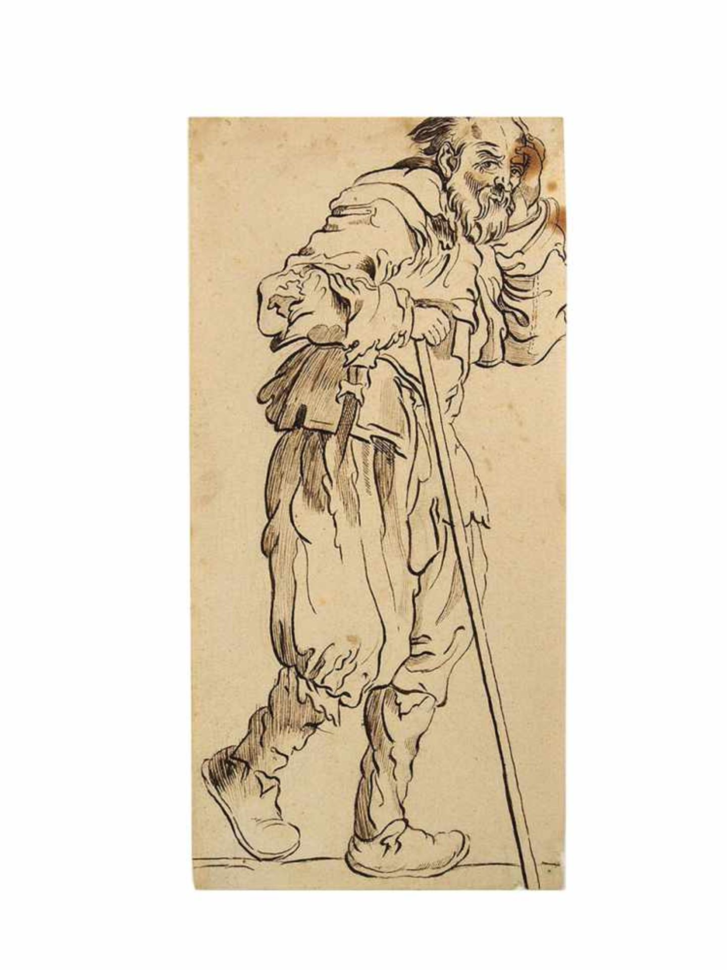ITALIENISCHER MEISTER17. Jh.Wandersmann mit StockFeder auf Papier, 27,5 x 14 cm (Randbeschädigung,