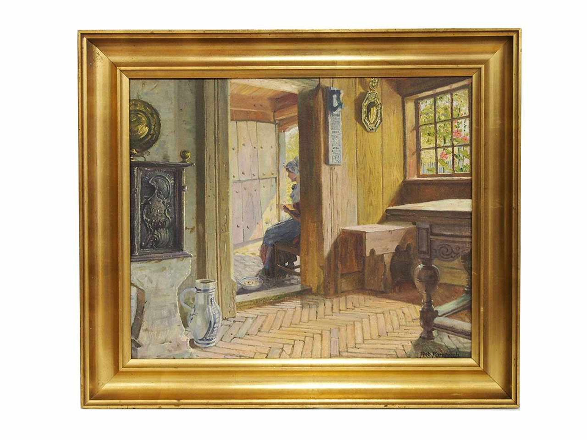 PANITZSCH, Robert1879-1949Bauernhaus-Interieur mit lesender FrauÖl auf Leinwand, signiert unten - Bild 2 aus 3