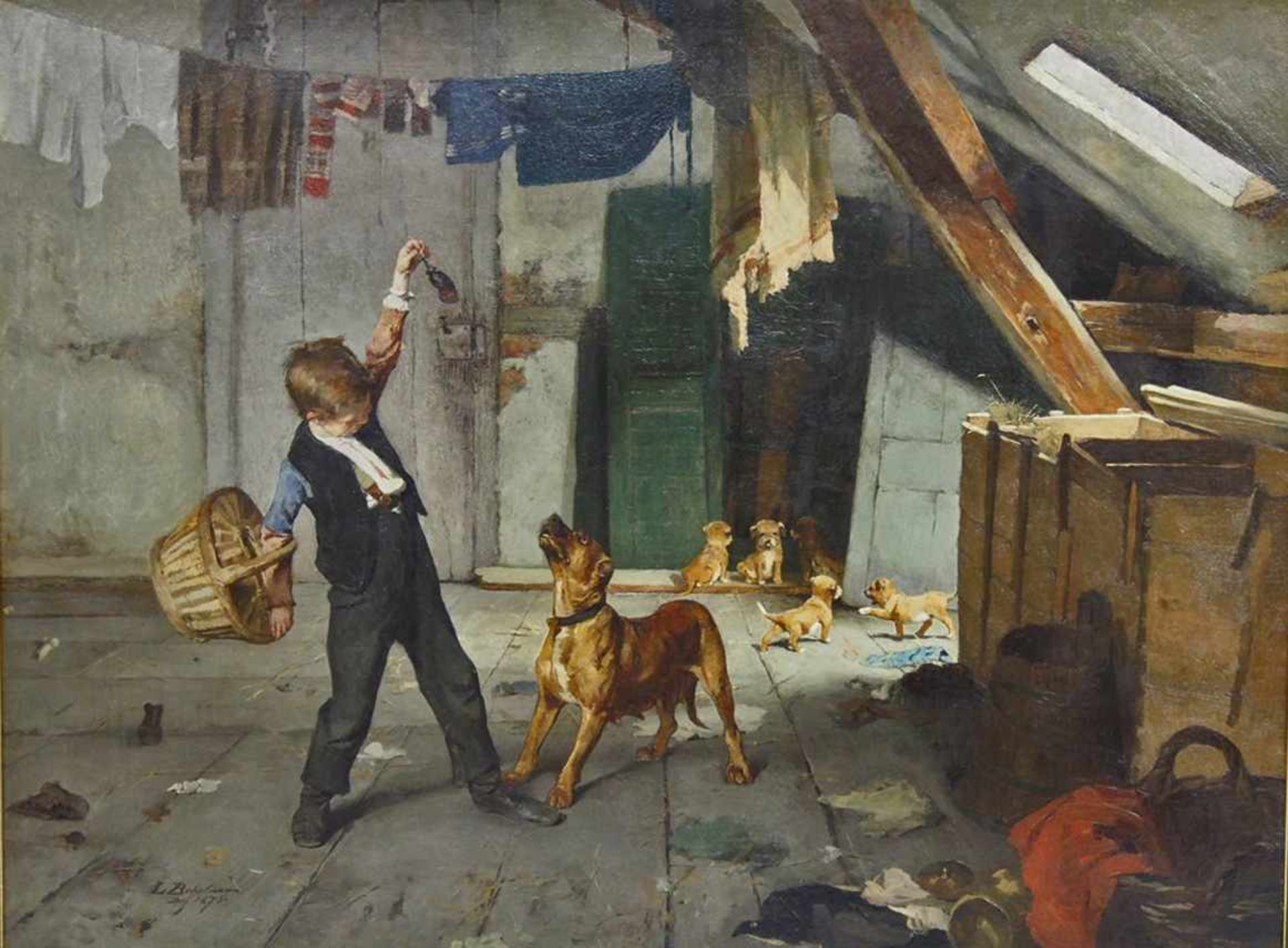 BOKELMANN, Christian Ludwig1844-1894'Spring'! - Junge mit Hündin und ihren WelpenÖl auf Leinwand,