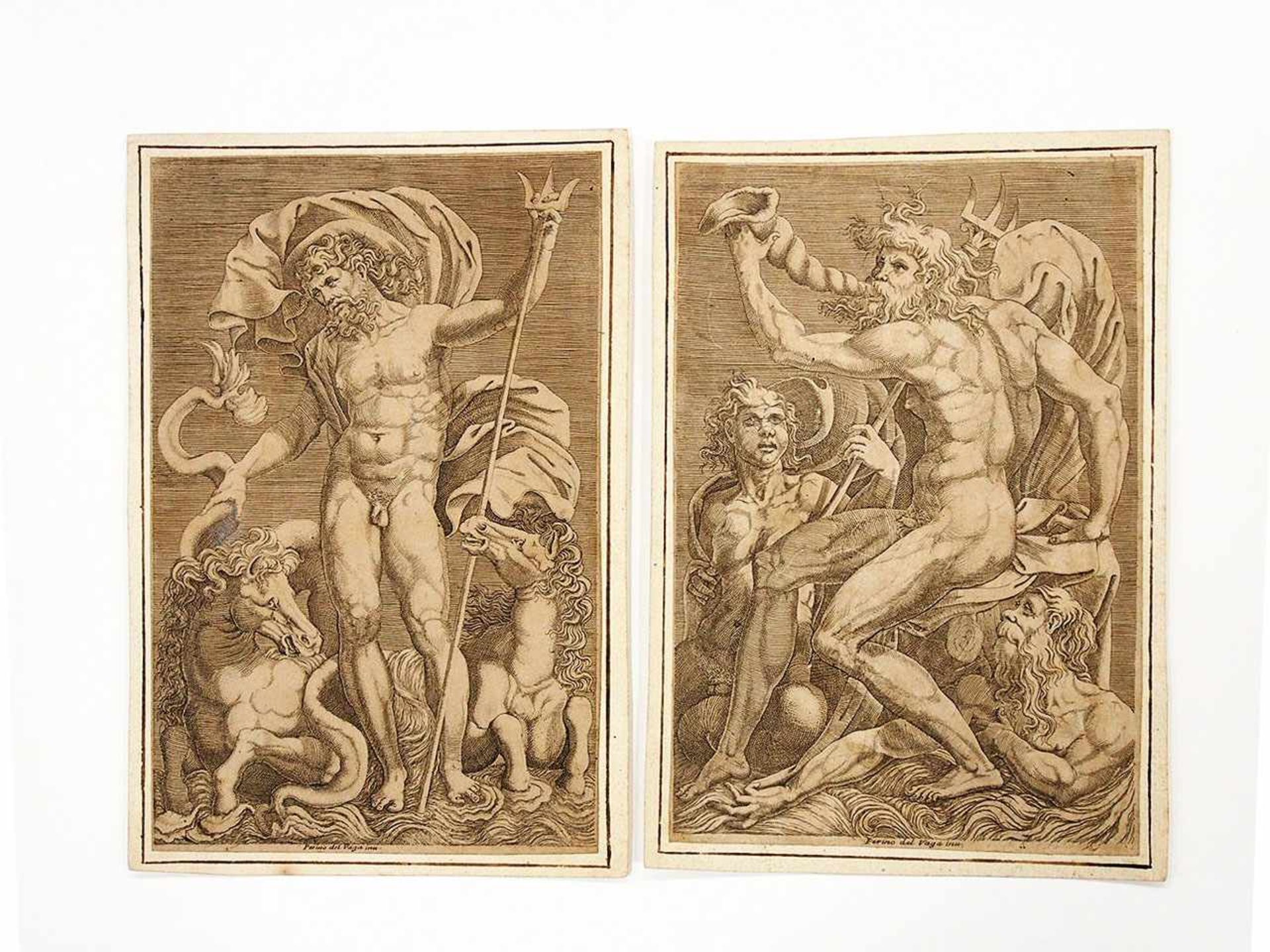 VARGA, Perino del1501-1547Neptun mit zwei Tritonen / Neptun mit zwei SeepferdenKupferstiche, beide