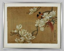 Blühender Magnolienzweig mit VögelnSeidenmalerei, signiert Jian-Tin-Chi, China 18. Jahrhundert, 40 x