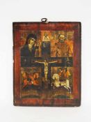 Ikone Kreuzigung Christi, Gottesmutter von Kasan, Hl. Nikolaus, Hl. Michael, Hl. GeorgTempera / Öl