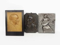 Drei Reliefplaketten2 Porträtköpfe, Bronze, bis zu 28 x 20 cm (Boudet, Gerhart), Gitarrenspieler,