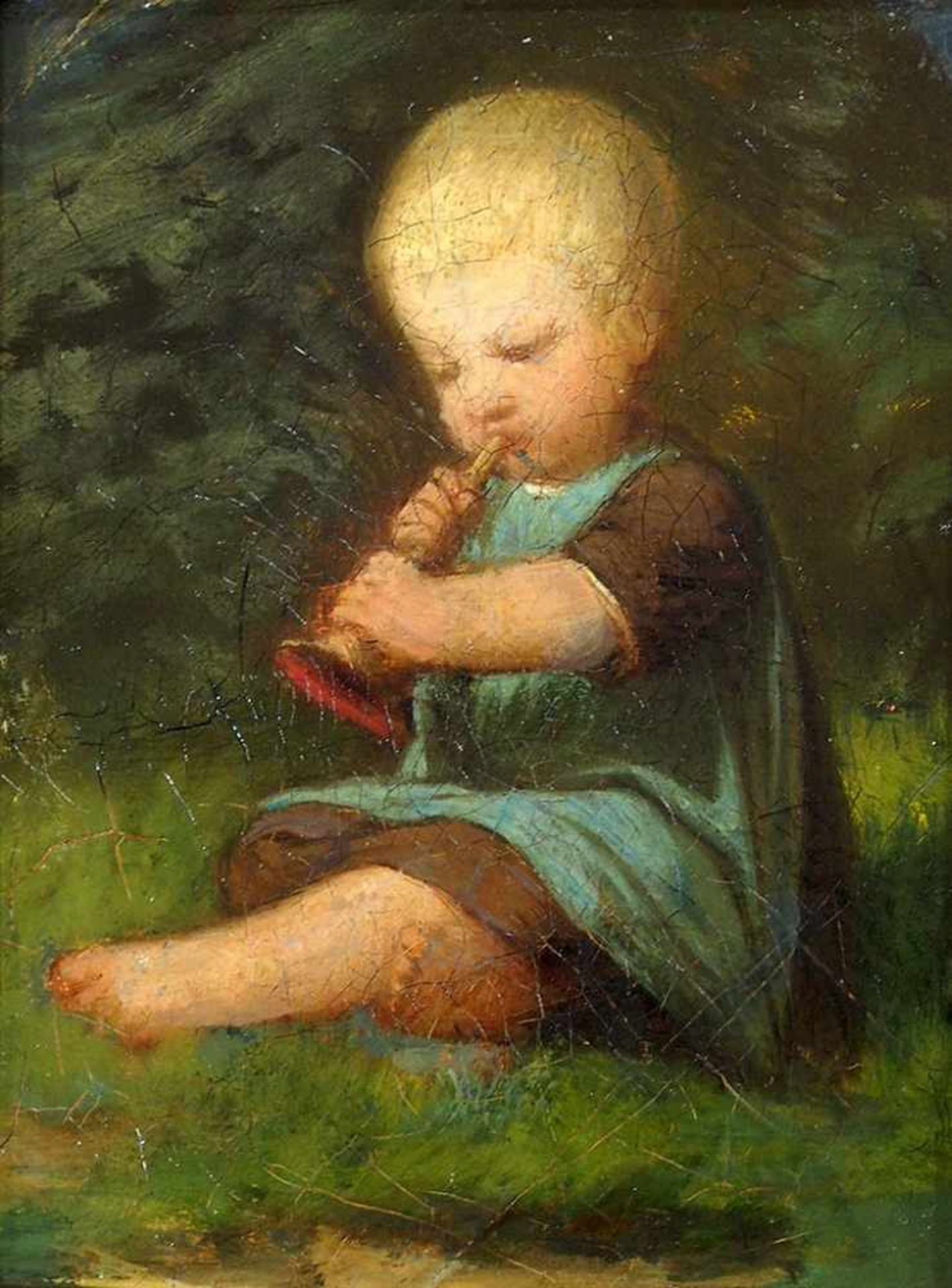DEUTSCHER MEISTER19. Jh.Kind mit TröteÖl auf Leinwand, 15 x 11,5 cm, Rahmen- - -25.00 % buyer's