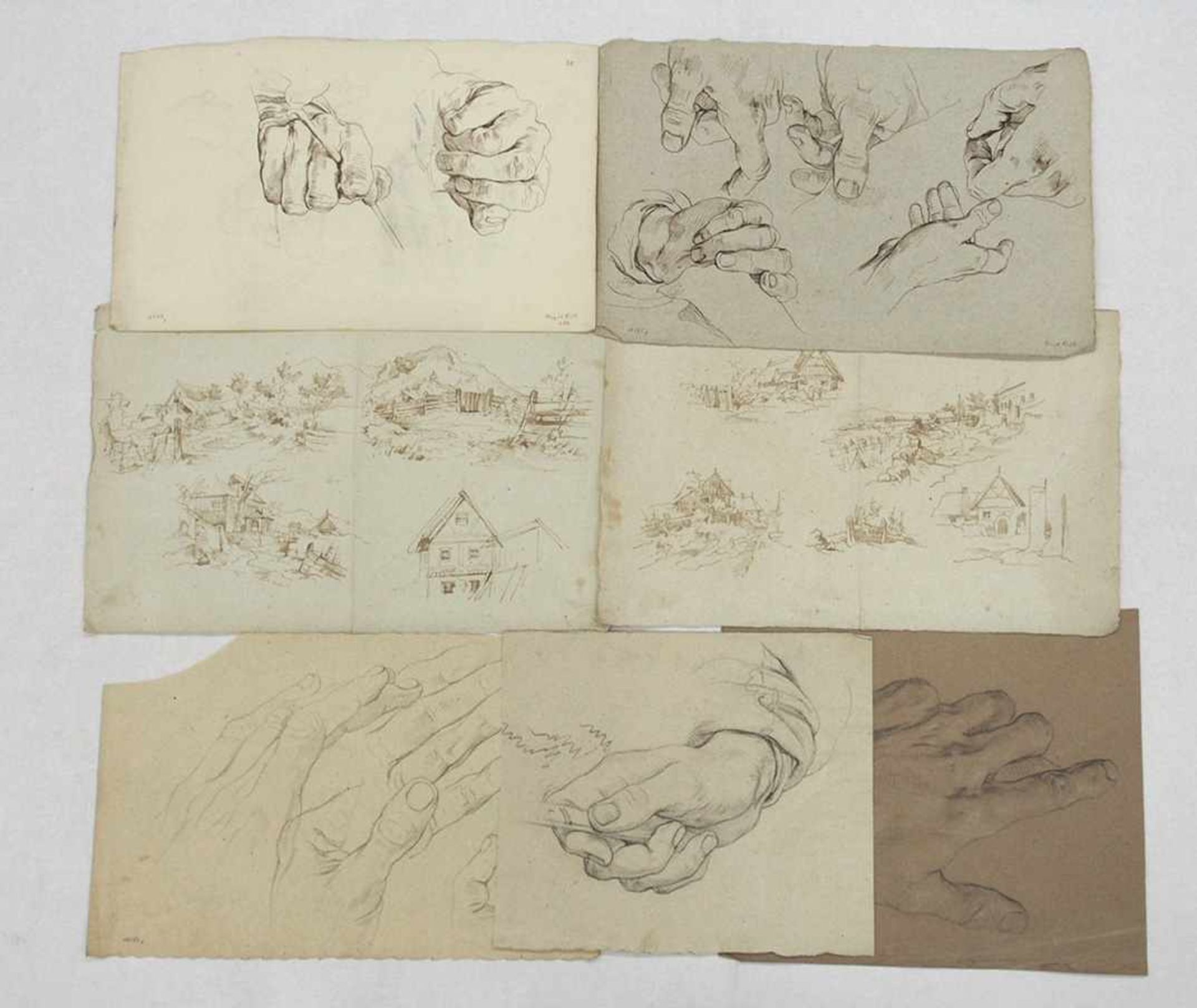 RICHTER, August1801-1873Konvolut HandzeichnungenLandschaften (2x) und Handstudien, Feder, Kreide,