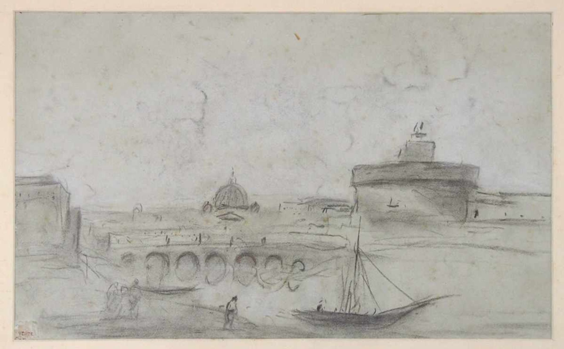COROT, Camille1796-1875Ansicht auf die Engelsburg und den PetersdomKohle, Bleistift auf Papier,