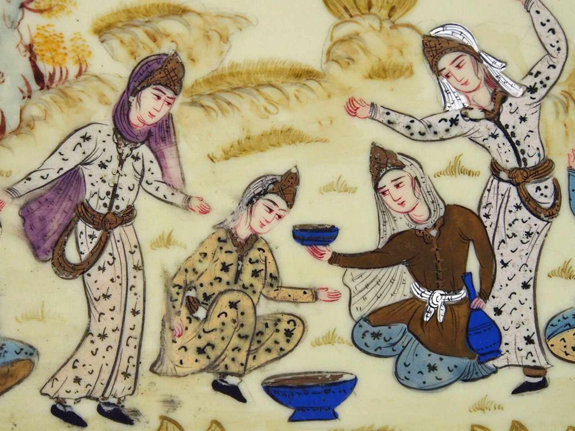 GartenfestMiniaturmalerei auf Elfenbein, Persien, um 1900, 13,5 x 37 cm, gemaltes Passepartout, - Bild 3 aus 3