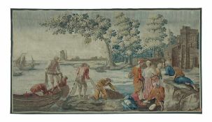 Flussfischer und ihre Frauen am UferTapisserie, Wolle, gewebt, Frankreich 18. Jahrhundert, 207 x 350