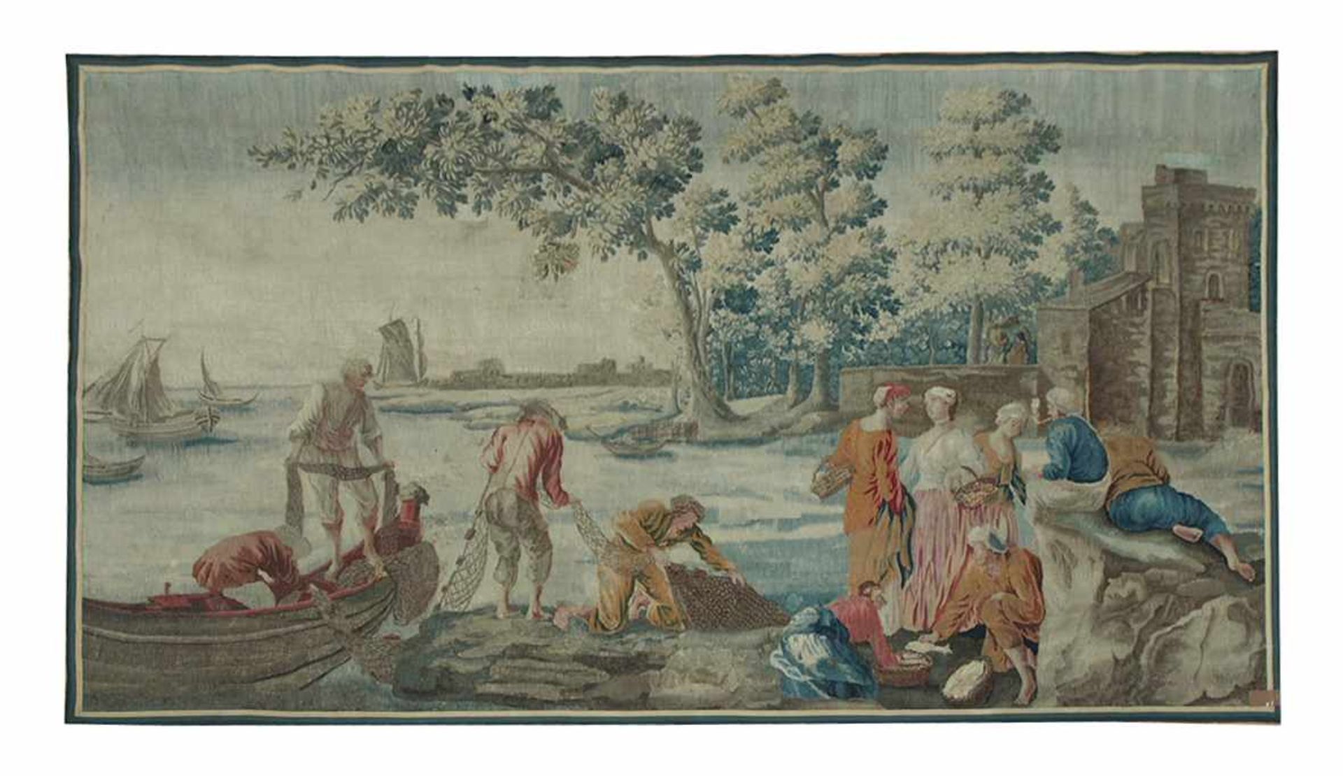 Flussfischer und ihre Frauen am UferTapisserie, Wolle, gewebt, Frankreich 18. Jahrhundert, 207 x 350