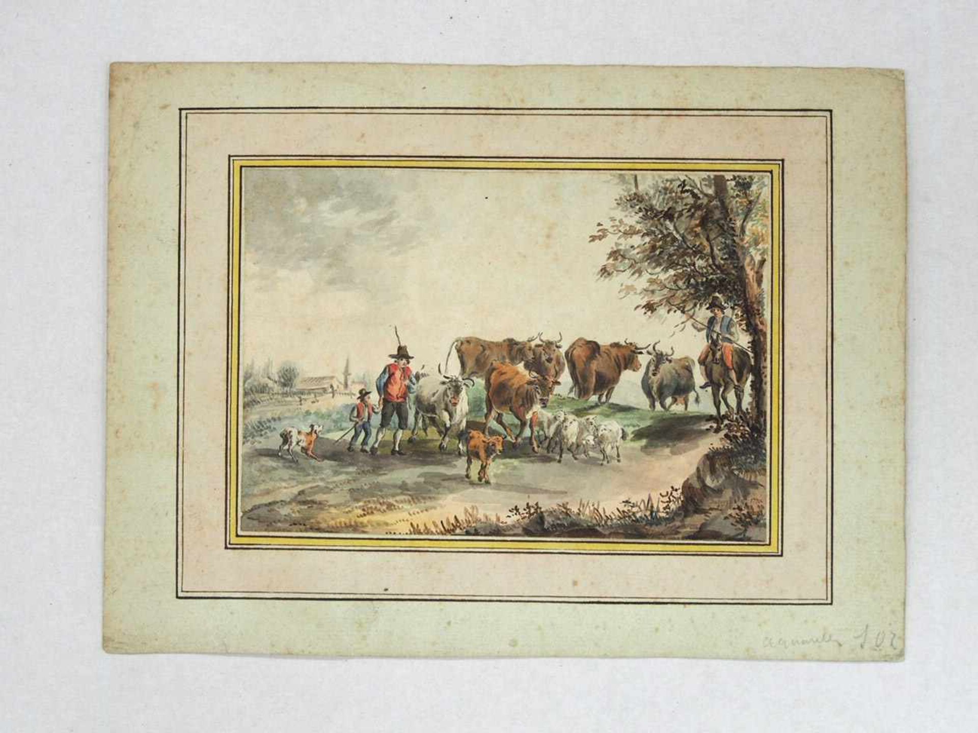 DUCROZ, Louis Abraham Radolphe1748-1810Hirten mit ihrer HerdeAqaurell auf Papier, signiert und - Bild 2 aus 2