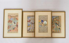 Vier Buchseiten mit MiniaturenTempera, Gold auf Papier, u.a. Jagdszene und Polospiel (2x), Persien