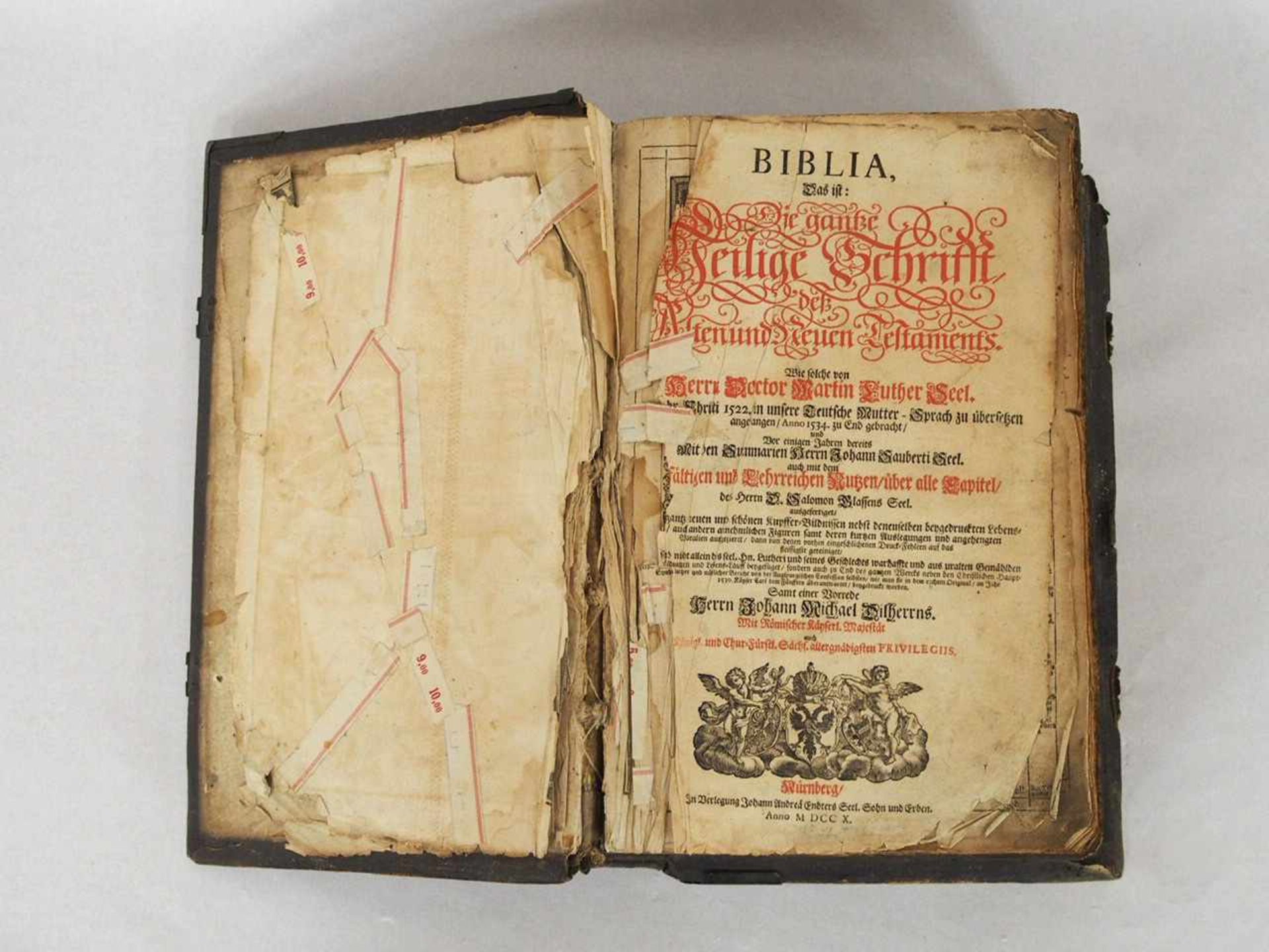 Biblia - Das ist Die gantze Heilige Schrift....Nürnberg 1710 (Vorsatzblatt und Titel beschädigt, - Bild 2 aus 2