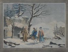 Des voyageurs égarés demandent l'hospitalitéFarbaquatinta, um 1820, 29 x 37,5 cm, gerahmt unter Glas