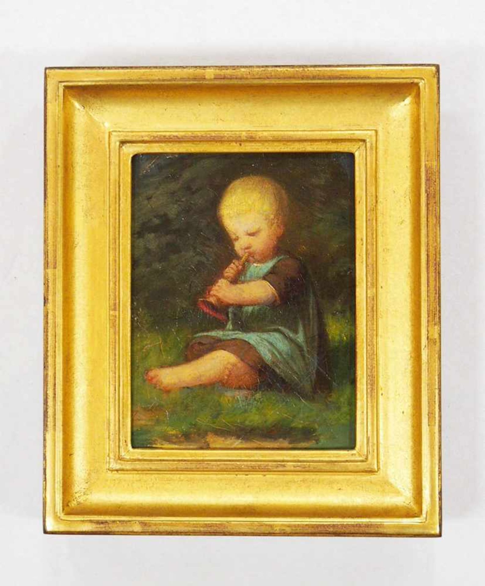 DEUTSCHER MEISTER19. Jh.Kind mit TröteÖl auf Leinwand, 15 x 11,5 cm, Rahmen- - -25.00 % buyer's - Bild 2 aus 2