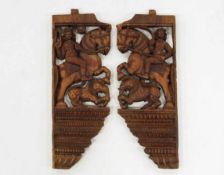 Zwei TürwangenreliefsHolz, durchbrochen geschnitzt mit königlichem Reiter, Inden 19. Jahrhundert,