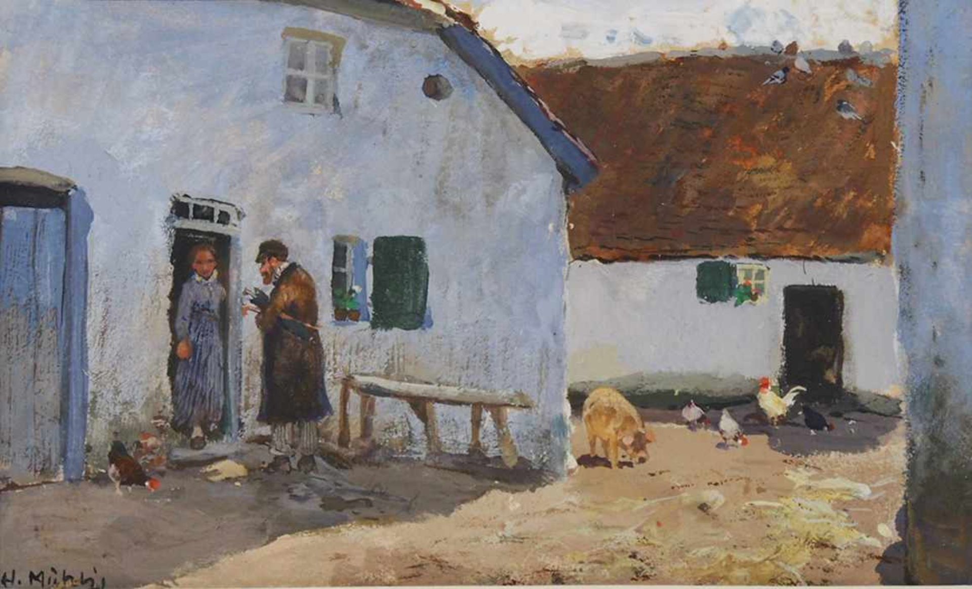 MÜHLIG, Hugo1854-1929Besuch auf dem BauernhofGouache, signiert unten links, 12 x 19 cm, Rahmen- - -