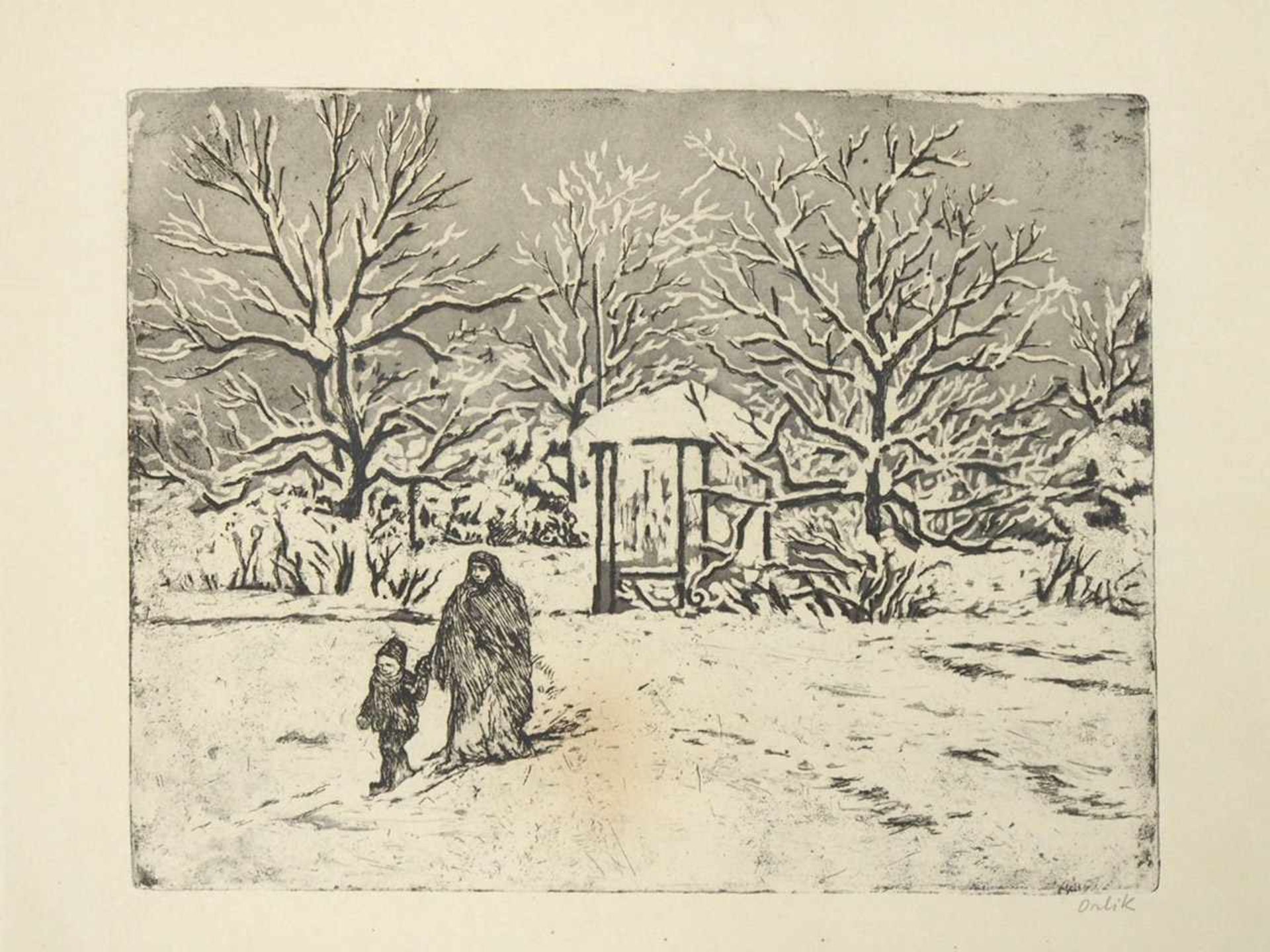 ORLIK, Emil1870-1932Spaziergang im WinterRadierung, signiert unten rechts, 38 x 43,5 cm lichtrandig,