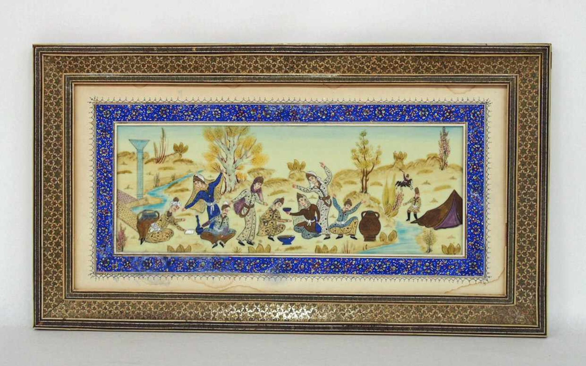 GartenfestMiniaturmalerei auf Elfenbein, Persien, um 1900, 13,5 x 37 cm, gemaltes Passepartout,