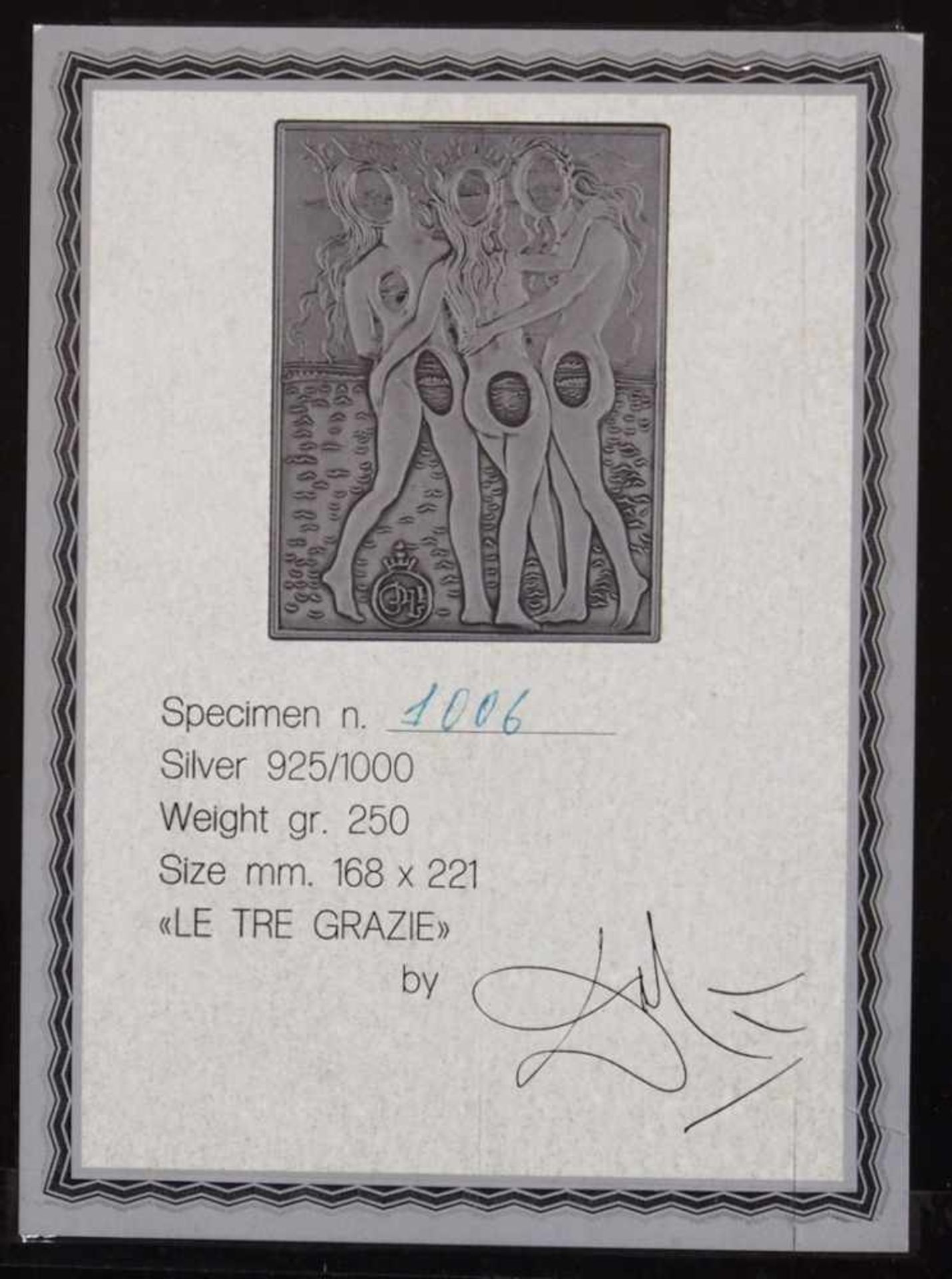 DALI, Salvador1904-1989Las Tres GraciasRelief 925er Silber, 16,8 x 22,1 cm, Gewicht 250 g, Ex. - Bild 3 aus 3