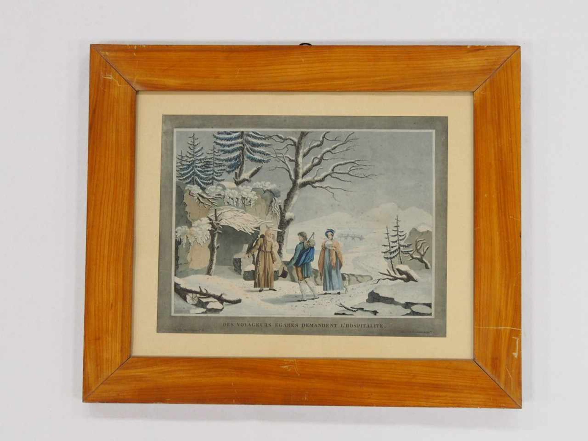 Des voyageurs égarés demandent l'hospitalitéFarbaquatinta, um 1820, 29 x 37,5 cm, gerahmt unter Glas - Bild 2 aus 2