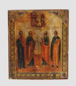 Ikone "Geburt Christi" / "Vier Heilige"Tempera auf Holz, 30,5 x 26,5 cm, Russland, um 1900- - -25.00