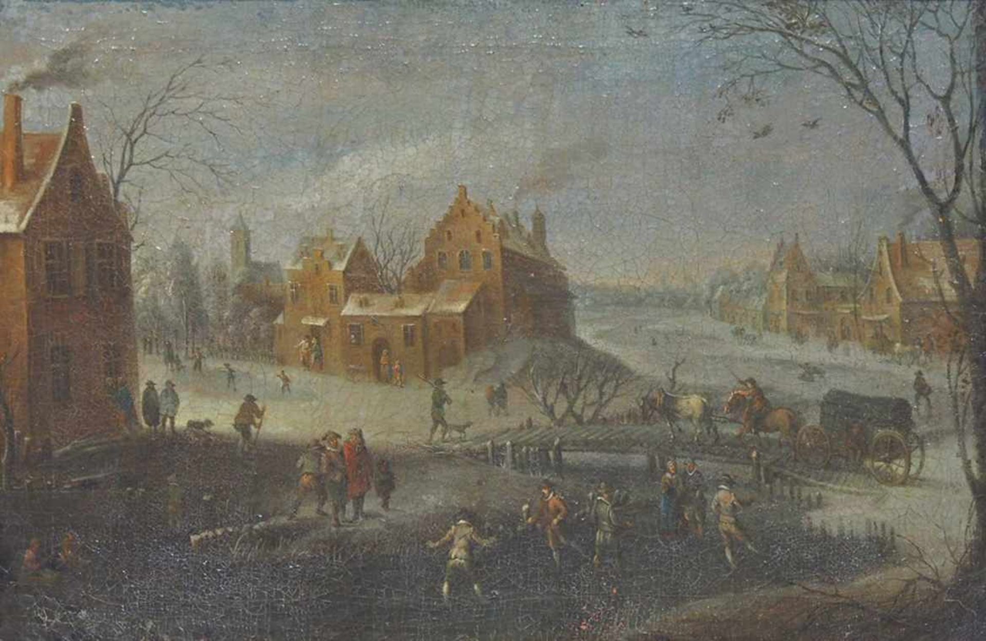 NIEDERLÄNDISCHER MEISTER17. Jh.Winterlandschaft mit SchlittschuhläufernÖl auf Leinwand, 29 x 43,5