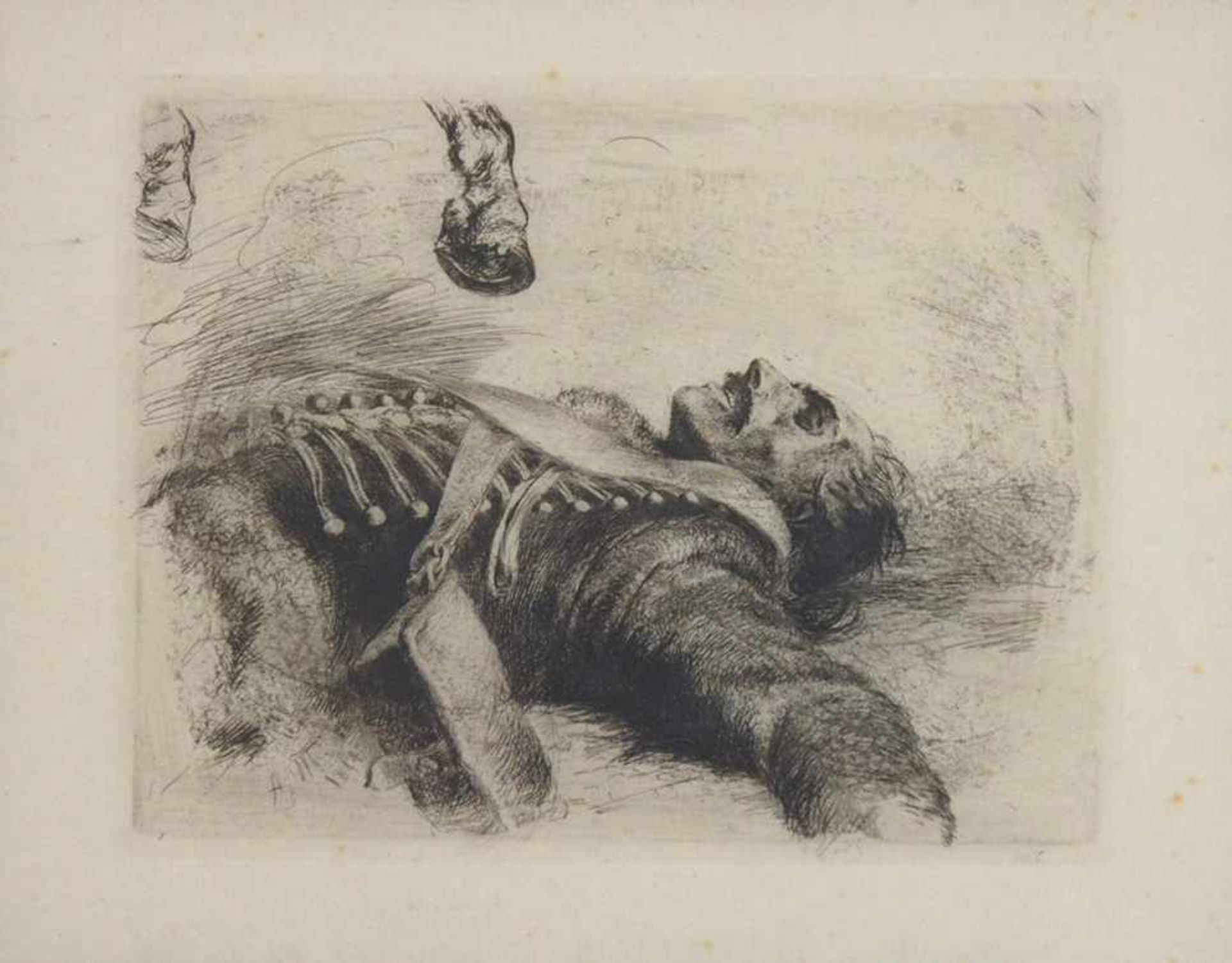 MENZEL, Adolf von1815-1905Der tote HusarRadierung, 1844, 15,5 x 20 cm, gerahmt unter Glas und
