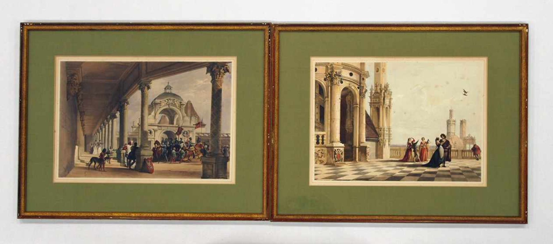 Paar FarblithographienFrankreich 19. Jahrhundert, 28 x 40 cm, gerahmt unter Glas und Passepartout- -