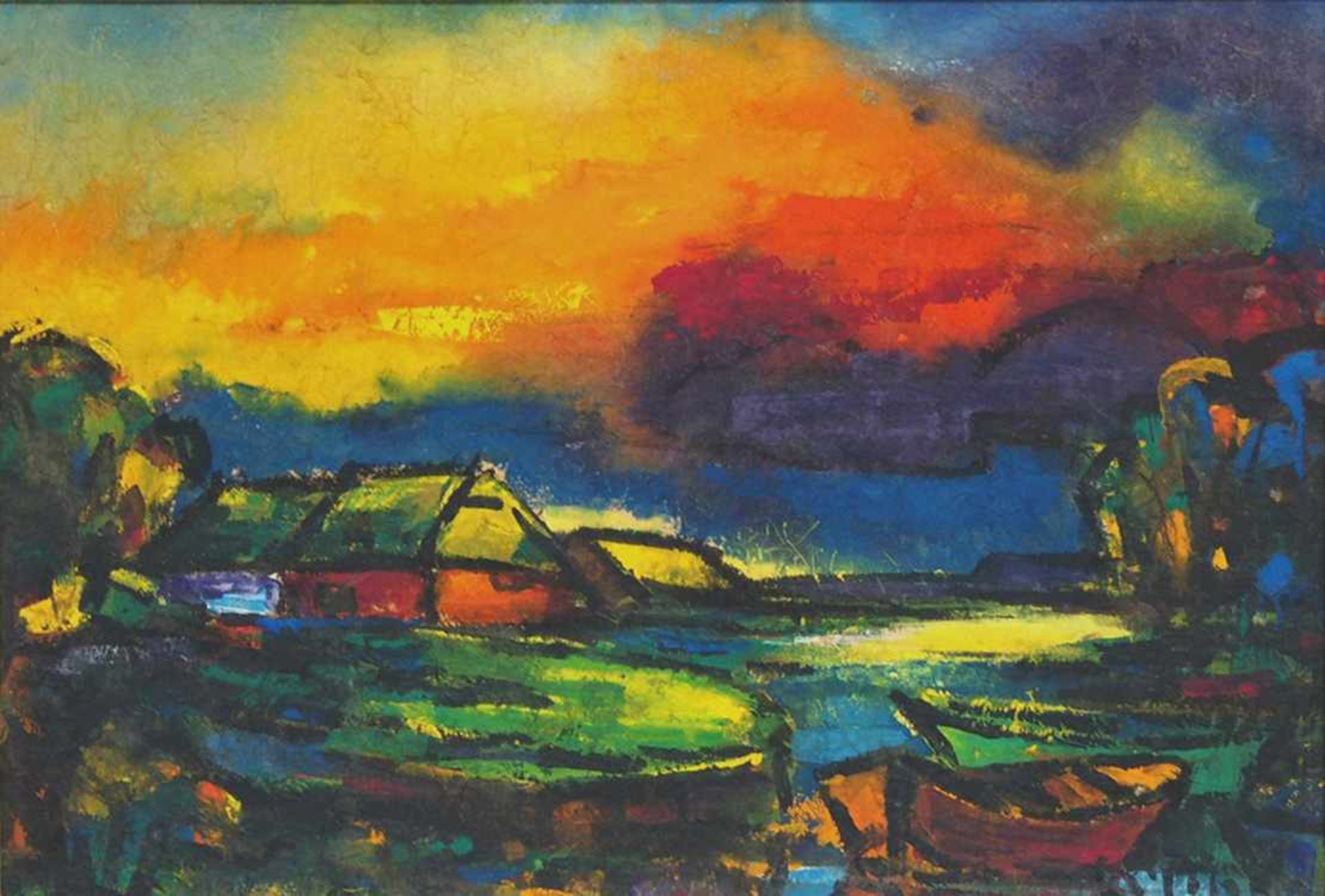 DEUTSCHER MEISTERum 1920Expressionistischer SonnenuntergangGouache auf Japan, auf Platte gezogen, 39