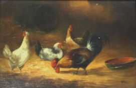 DEUTSCHER MEISTER19. Jh.Hühner und HähneÖl auf Holz, monogrammiert unten rechts, 18 x 27 cm, Rahmen-