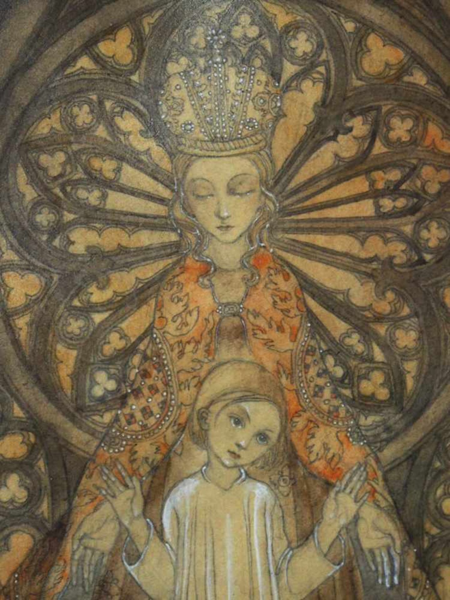 WÜLFING, Sulamith1901-1989Madonna mit Schutzmantel vor MaßwerkfensterBleistift, aquarelliert, - Bild 3 aus 3