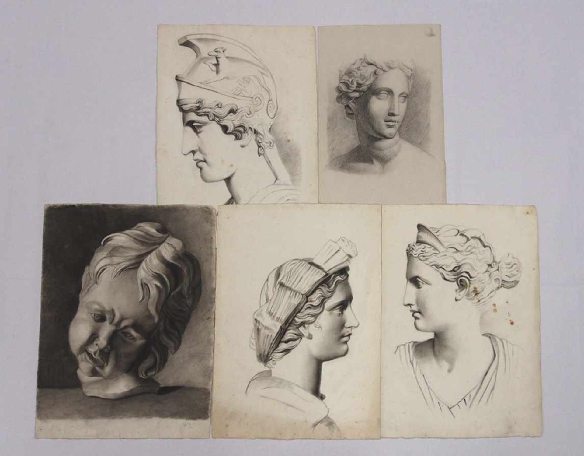 Konvolut von fünf MalstudienBleistift / Tusche auf Papier, Frankreich 19. Jahrhundert, bis zu 47 x
