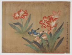 Vogelpaar und LilienTempera auf Leinen, signiert und Stempelmarke, China 19. Jahrhundert, 40 x 52