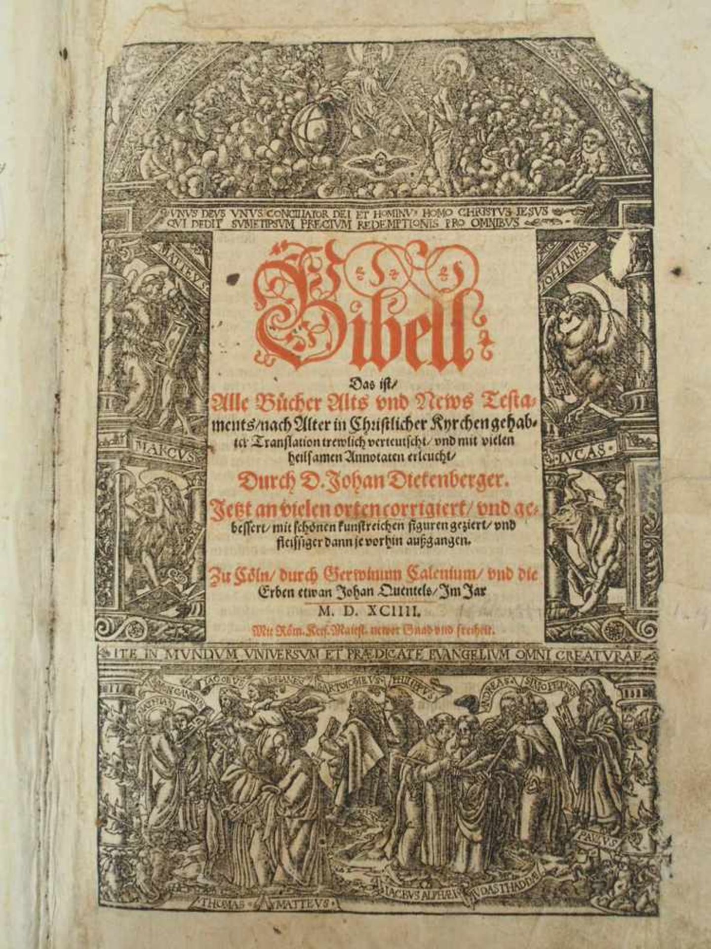 DIETENBERGER, JohannBibell - Das ist: Alle Bücher Alts und News Testaments..Köln 1594 (zahlreiche - Image 2 of 2