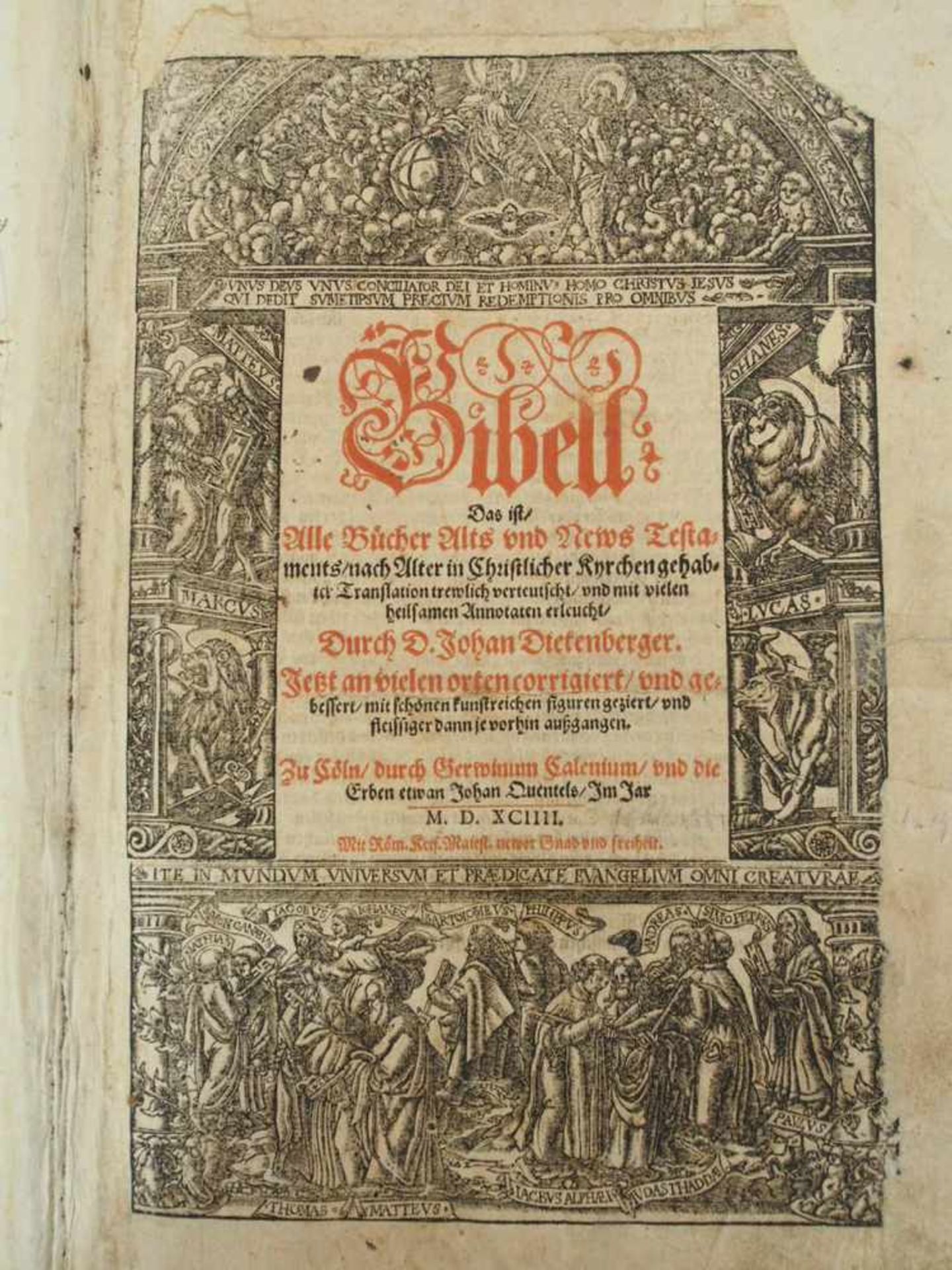 DIETENBERGER, JohannBibell - Das ist: Alle Bücher Alts und News Testaments..Köln 1594 (zahlreiche - Bild 2 aus 2