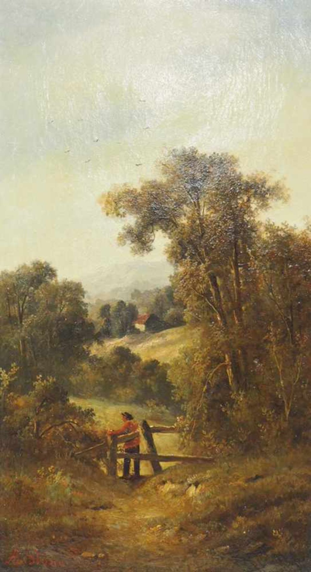 STONE, Alice Balch1876-?Hügellandschaft mit BauerÖl auf Leinwand, signiert unten links, 44 x 24