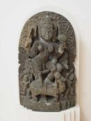 Große Stele "Indische Göttin auf Mischwesen"Basalt, 68 x 41 cm (ohne Sockel), Indien, wohl 15.