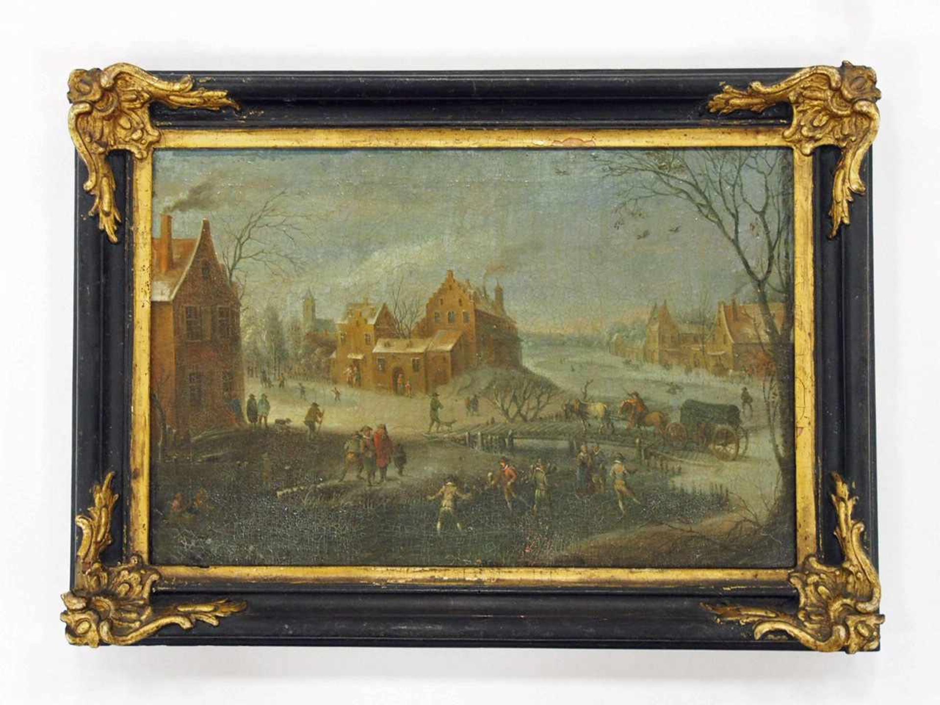 NIEDERLÄNDISCHER MEISTER17. Jh.Winterlandschaft mit SchlittschuhläufernÖl auf Leinwand, 29 x 43,5 - Bild 2 aus 2