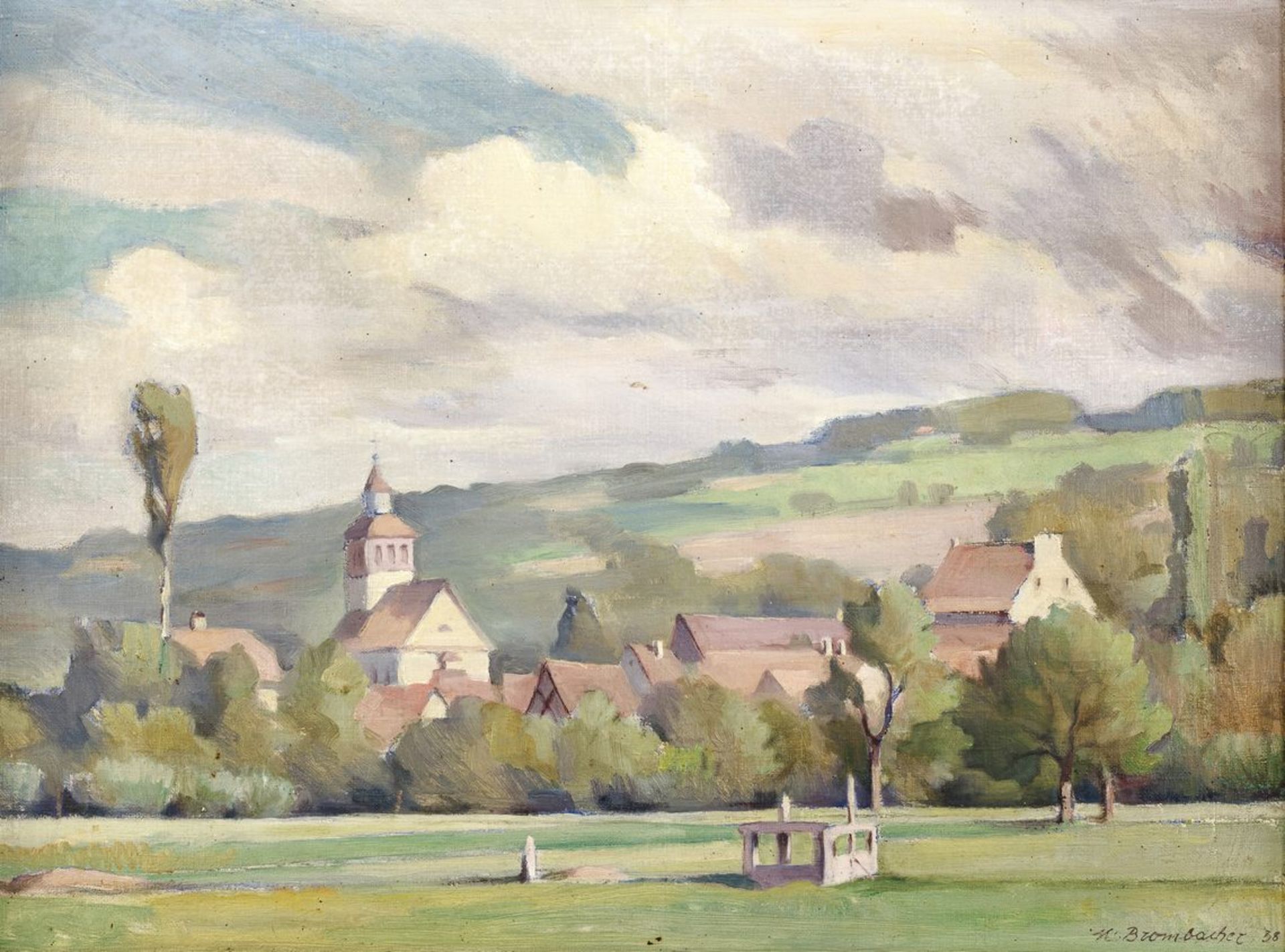 Brombacher, Max1901 Binzen - 1942 Aholming. Öl/LW. Blick auf Binzen mit der Laurentiuskirche. U.r.