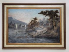 TafelbildChina, um 1900. Mischtechnik auf Holz. Darstellung einer Flusslandschaft mit Seefahrern.