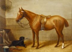 Englischer Tiermaler19. Jh. Öl/LW., aufgez. Stallinterieur mit brauner Stute und Hund mit der