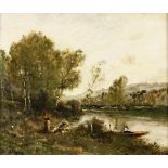 Meuris, Perret St.Frankreich, 19. Jh. Öl/Lw. Sommerliche Flusslandschaft mit Weißwäsche waschenden