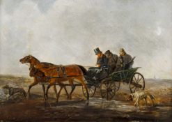 Deutscher Genremaler19. Jh. Öl/Holz. Heimkehr von der Jagd. Im Regen, Pferdekutsche mit Kutscher und