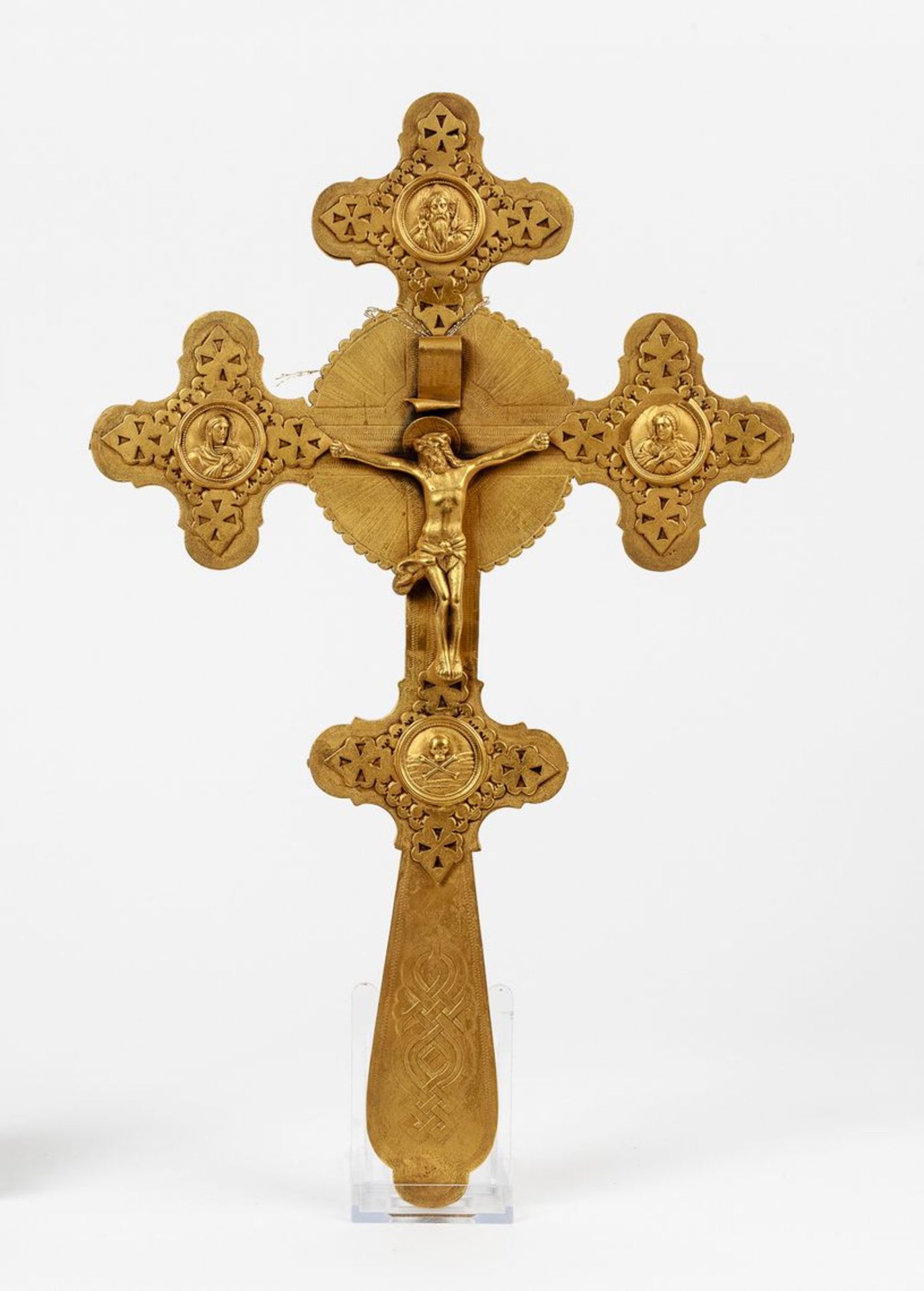 Orthodoxes SegenskreuzMessingblech, gegossen, ziseliert. Corpus Christi vollrund gegossen im Vier-