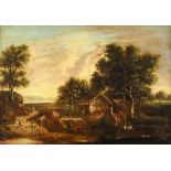 Deutscher Landschafter17./18. Jh. Öl/Holz. Weite sommerliche Flusslandschaft mit altem