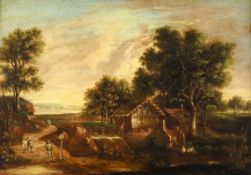 Deutscher Landschafter17./18. Jh. Öl/Holz. Weite sommerliche Flusslandschaft mit altem