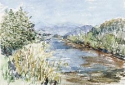 Riester, Rudolf1904 Waldkirch - 1999 Freiburg. Aquarell. Sonnige Flusslandschaft mit baumbestandenem