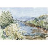 Riester, Rudolf1904 Waldkirch - 1999 Freiburg. Aquarell. Sonnige Flusslandschaft mit baumbestandenem